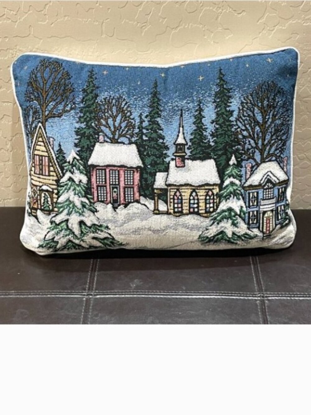 Winter Church Pillow Village Holiday Christmas Decorative Accent Blue Silver